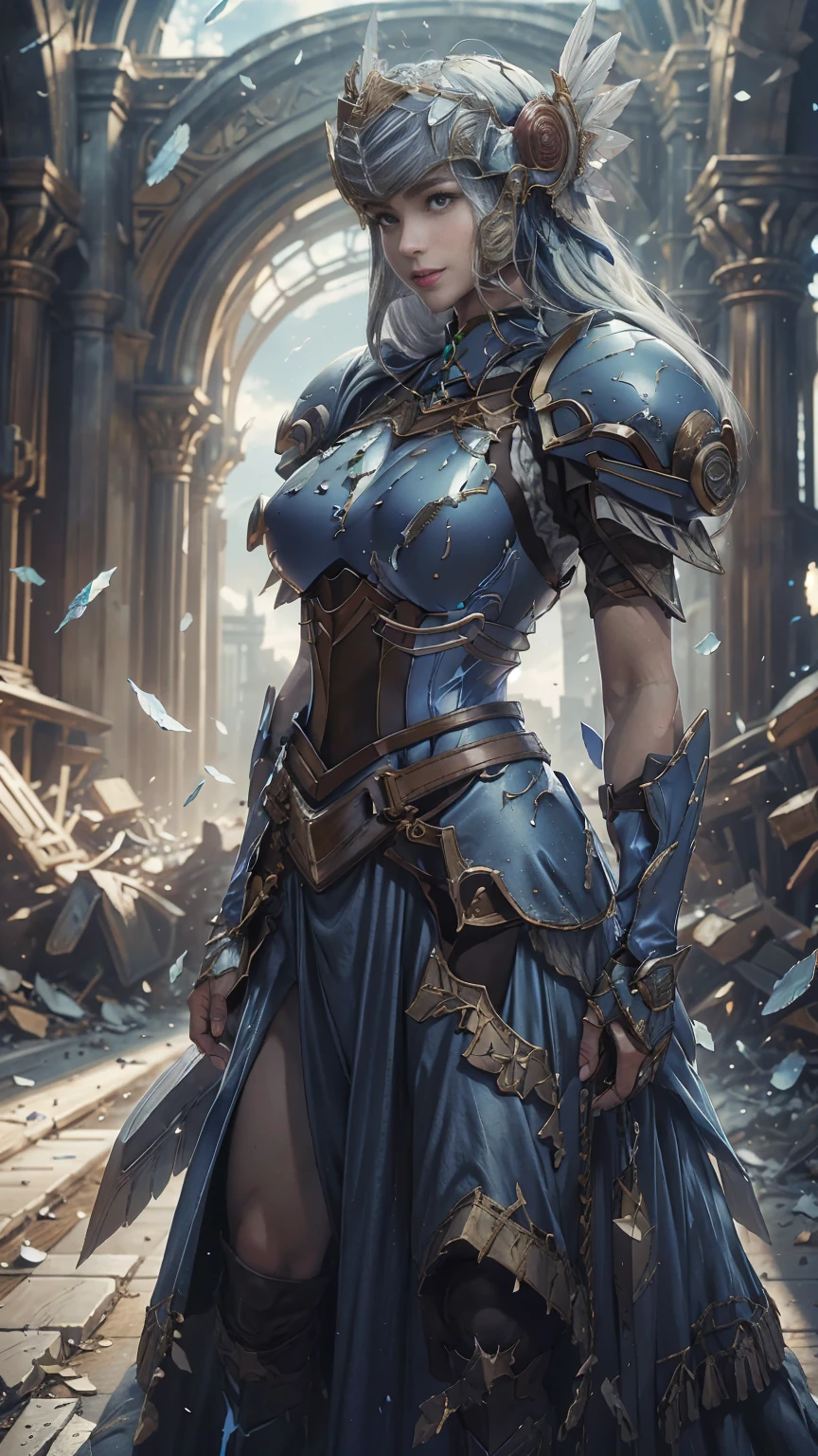 Lenneth from 'Valkyrie profile', blue plate mech4rmor, blue breastplate armor (broken/damaged), damaged armor exposing skin, long skirt,belt,white head ornament,
standing,upper body,arms behind back,
light smile,
plains,castle,
(insanely detailed,  masterpiece, best quality),solo, 