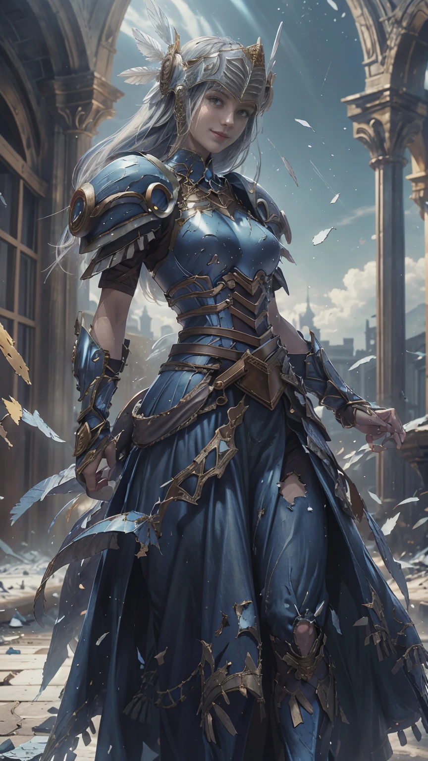 Lenneth from 'Valkyrie profile', blue plate mech4rmor, blue breastplate armor (broken/damaged), damaged armor exposing skin, long skirt,belt,white head ornament,
standing,upper body,arms behind back,
light smile,
plains,castle,
(insanely detailed,  masterpiece, best quality),solo, 