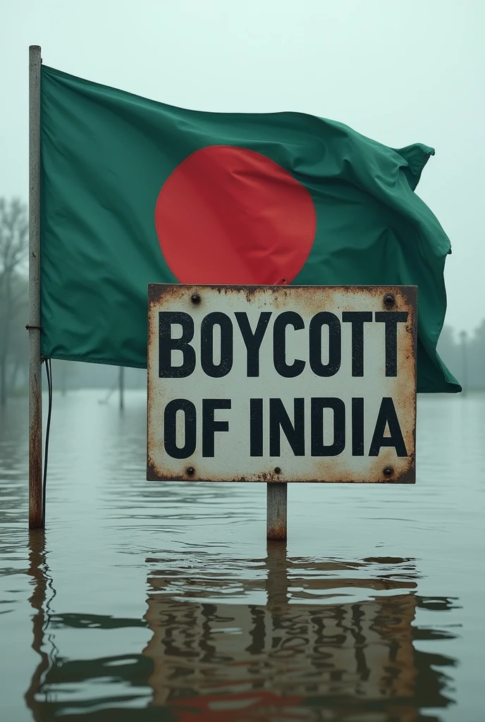 (photorealism:1.2), Boycott India sign, Bangladesh Flag, flood, 