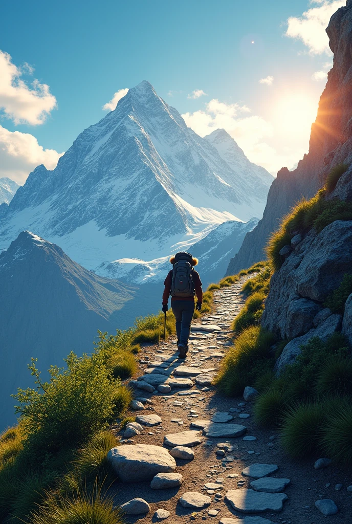 A path that leads to the top of a mountain, with a person climbing with determination. The sky is clear and the sun is shining, lighting the way and symbolizing hope and clarity.