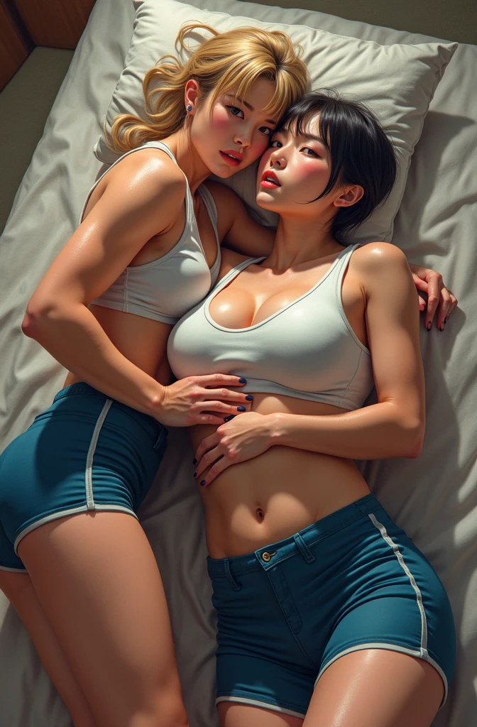 (highest quality:1.2),(perfect beautiful face 1.2),(Perfect and beautiful posture:1.2),(japanese woman,(Big competitive swimmer:1.2)),big and full breasts,big ass, thick muscular body,Blonde Short Hair,clear eyes,Swimsuit,(My whole body smells like sweat:1.2),(Excessive sweating from the armpits:1.3),At the bed,Ultra-high resolution photos,look at the camera,Please sleep on your back