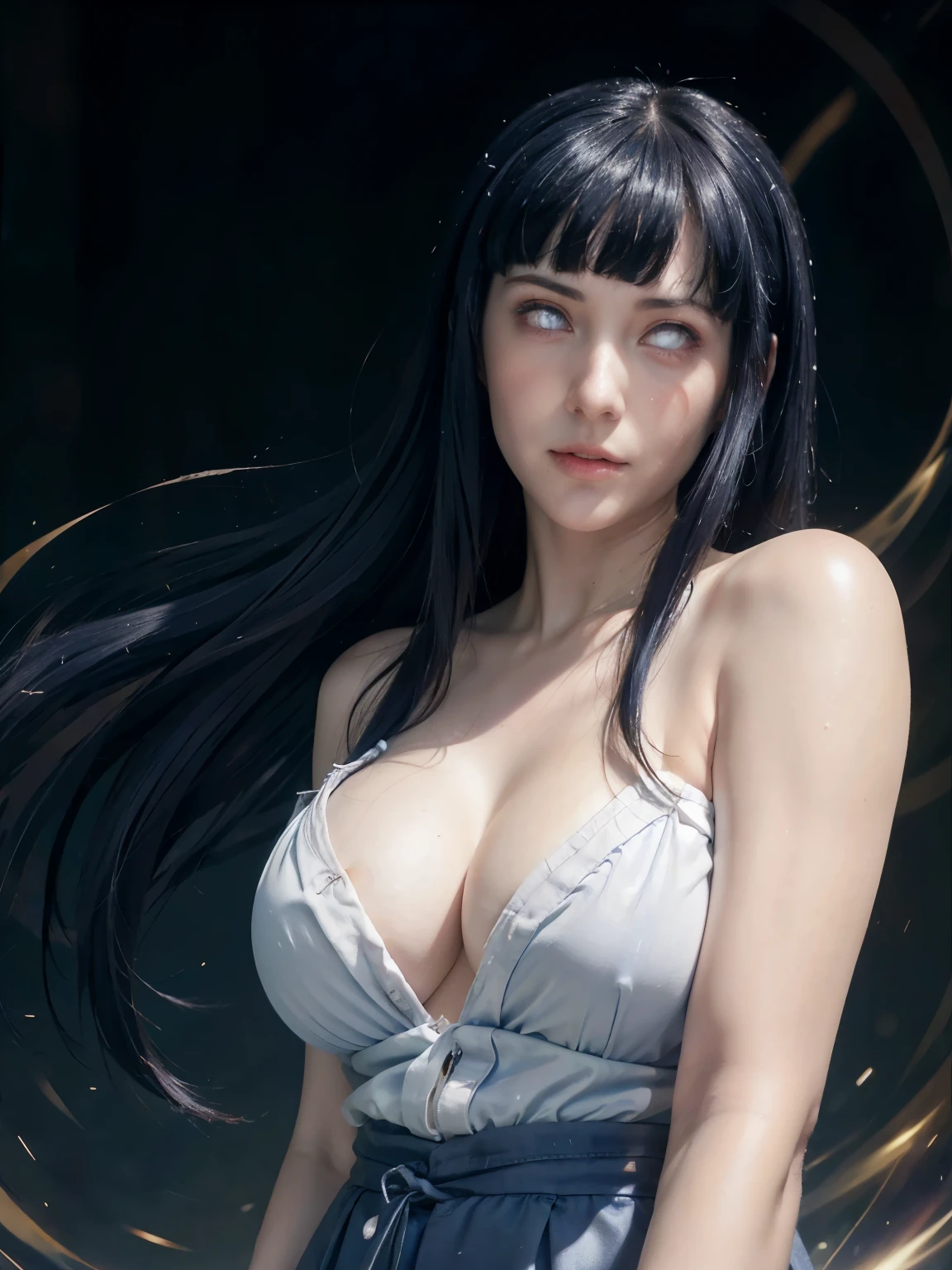 Hinata Hyuuga has long dark blue hair:1.3, a hime-style cut right above her forehead (bangs cover her forehead to slightly cover her eyebrows), white skin, and a soft face, Byakugan Eye pupils (silvery white pupils), dynamic pose, 25 year old , Highest Quality, Highest image quality, (masterpiece, best quality, highres:1.2), (photorealistic:1.2), (intricate and beautiful:1.2), (detailed light:1.2), (soft lighting, side lighting, reflected light), (colorful, dynamic angle), standing, fighting stance, portrait, street, city street, night, street lampin dynamic pose, bokeh, glowing web, light passing through hair, (abstract background:1.3), (official art), (realistic skin texture:1.2), (sharp) , medium breast, ung girls, good-looking, Beautiful fair skin and luster, Beautiful eyes are big and bright, Small mouth and thin lips, Goodness of style and slenderneseautiful medium breasts:1.3), She has a cheerful personality , Natural makeup, Pearl Pin Cripantasy see-through costume with cute details and wide breasts:1.5), beautiful girl illuminated by seven colors of light, Irridescent color, super wet water, shadow +10.0, exposure +1.5, soft lighting body.