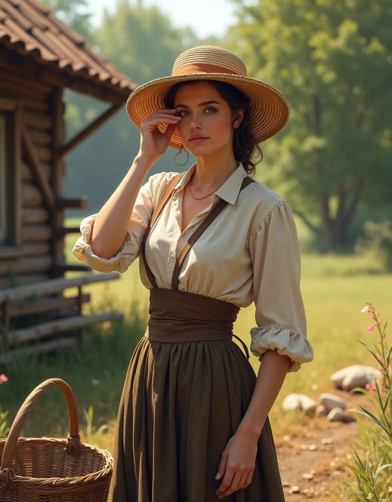 A beautiful woman dressed as a farmer in mid-19th century clothing stands on a farm, wiping sweat from her forehead with a handkerchief. She wears a light-colored blouse with rolled-up sleeves, a corseted bodice, and a long skirt, typical of the era. A wide-brimmed straw hat shades her face, and her expression is serene and composed. She is holding a wooden handle, possibly of a farming tool, and there is a wicker basket beside her, with a background of a rustic farmyard and wooden structures. The scene is set in a sunny, rural landscape with greenery in the distance