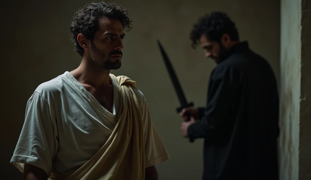A male stoic philosopher with a well-proportioned and attractive physique, wearing classic tunics that drape slightly transparent over his body, subtly revealing parts of his shoulder. He stands in a dimly lit room, his expression a mix of shock and deep sorrow as he realizes the betrayal of a trusted friend. The friend's silhouette is visible in the background, holding a dagger behind his back, eyes cold and unfeeling. The lighting is dramatic, casting long, deep shadows across the stoic's face, emphasizing the texture of the marble-like skin and the subtle imperfections that suggest the weight of this painful realization. The background is dark and minimalist, focusing attention on the emotional tension between the two figures, with a strong vignette and a touch of grain for a timeless, tragic effect.