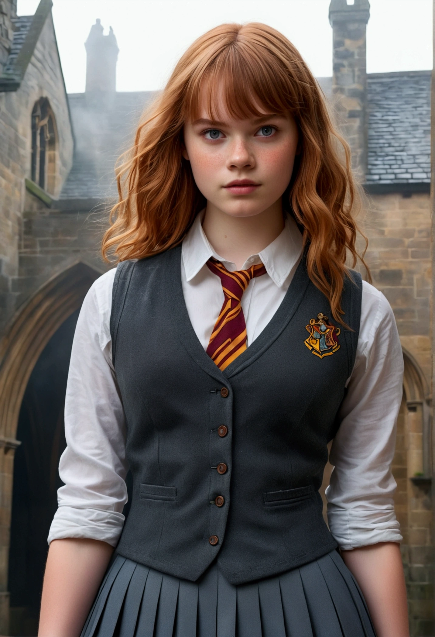 An illustrated movie poster, hand-drawn, full color, a age Hogwarts student, 18-years-old, female, wearing a charcoal vest and a pleated skirt, athletic hourglass figure, busty bosoms, full wide hips, massive round butt, long shapely legs, ridiculously thick powerful thighs, vibrant eyes, red auburn hair, thick shaggy bangs, flushed sun-kissed complexion, freckles, resembles Angourie Rice, standing in a foggy Hogwarts courtyard, surrounded by mist, graphite shading, stencil marks, airbrushed acrylic paint, masterpiece, close-up shot