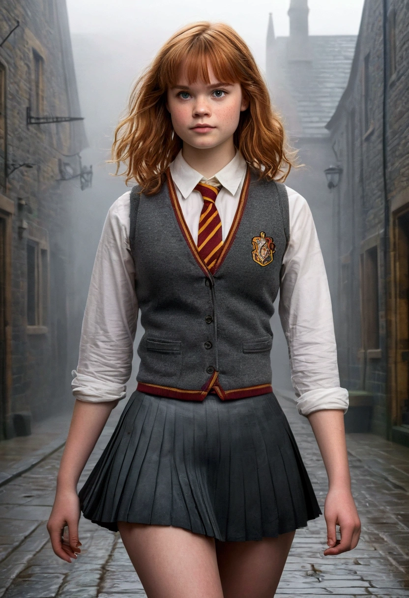 An illustrated movie poster, hand-drawn, full color, a teenage Hogwarts student, 18-years-old, female, wearing a charcoal vest and a pleated skirt, athletic hourglass figure, busty bosoms, full wide hips, massive round butt, long shapely legs, ridiculously thick powerful thighs, vibrant eyes, red auburn hair, thick shaggy bangs, flushed sun-kissed complexion, freckles, resembles Angourie Rice, standing in a foggy Hogwarts courtyard, surrounded by mist, graphite shading, stencil marks, airbrushed acrylic paint, masterpiece, close-up shot