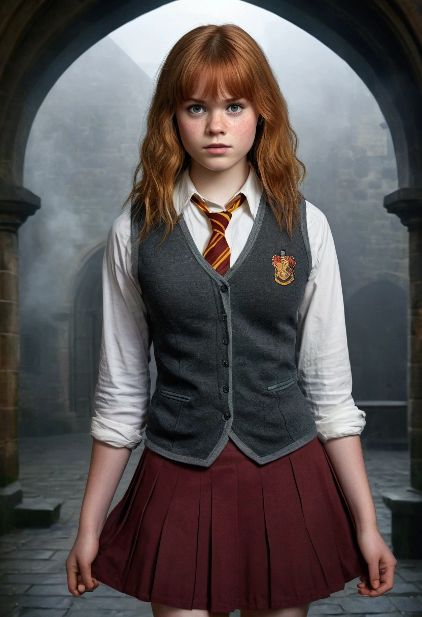 An illustrated movie poster, hand-drawn, full color, a age Hogwarts student, 18-years-old, female, wearing a charcoal vest and a pleated skirt, athletic hourglass figure, busty bosoms, full wide hips, massive round butt, long shapely legs, ridiculously thick powerful thighs, vibrant eyes, red auburn hair, thick shaggy bangs, flushed sun-kissed complexion, freckles, resembles Angourie Rice, standing in a foggy Hogwarts courtyard, surrounded by mist, graphite shading, stencil marks, airbrushed acrylic paint, masterpiece, close-up shot, in the style of the Deathly Hallows