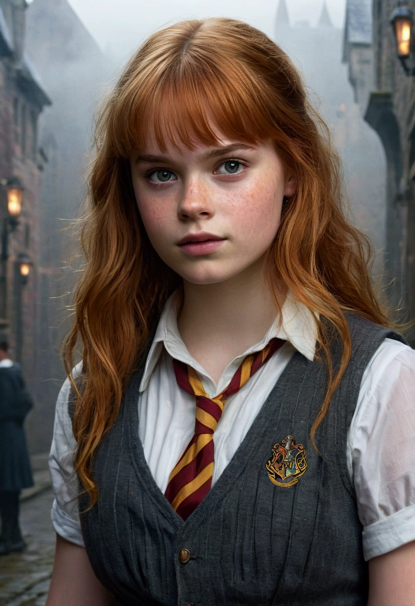 An illustrated movie poster, hand-drawn, full color, a teenage Hogwarts student, 18-years-old, female, wearing a charcoal vest and a pleated skirt, athletic hourglass figure, busty bosoms, full wide hips, massive round butt, long shapely legs, ridiculously thick powerful thighs, vibrant eyes, red auburn hair, thick shaggy bangs, flushed sun-kissed complexion, freckles, resembles Angourie Rice, standing in a foggy Hogwarts courtyard, surrounded by mist, graphite shading, stencil marks, airbrushed acrylic paint, masterpiece, close-up shot, in the style of the Deathly Hallows