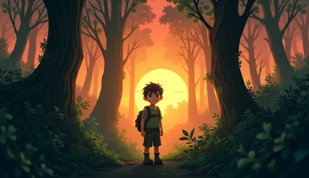 A young boy, Kiko, a five uears old boy with short black hair and wearing green, rugged clothes, is standing alone in a dense forest. The trees are tall and shadowy, and the boy looks worried as the sun sets, casting a golden-orange glow in the sky.
