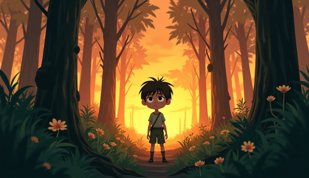 A young boy, Kiko, a five uears old boy with short black hair and wearing green, rugged clothes, is standing alone in a dense forest. The trees are tall and shadowy, and the boy looks worried as the sun sets, casting a golden-orange glow in the sky.