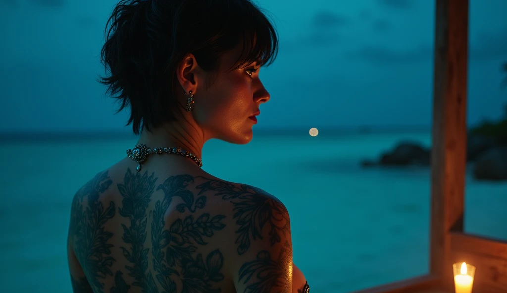 tatuados,Very beautiful big breasts、(dress)(H-Cup Bust),(Back tattoo、Many tattoos on both arms and neck)、 (Late night in Maafushi, Maldives - Beautiful coral reefs and crystal clear waters),Candlelight only,Very detailed, 2, A beautiful woman,Depressed face, Black Hair,short hair, blue eyes, High resolution, masterpiece, Highest quality, Intricate details, Very detailed, Clear focus, Delicate skin, practical skin texture, texture, Delicate eyes, Professional, 8k, Sad face,despair、 Shot with Canon, 85mm, Shallow and deep, Kodak Vision Color, Exactly, Very detailed, photograph_\(Extremist\), photographpractical, practical, Post-processing, Maximum details, Roughness, Real Life, Extremist practical, Photorealism, photographgraphy, 8k ウルトラ HD, photographgraphy