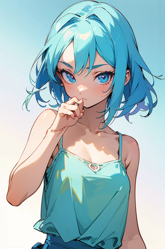 (Super detailed illustration), [standing picture, upper body, close-up of girl:0.4], slim body, perfect body, camisole, gradient background, anime character, character design, perfect hands, (cute girl:1.1),