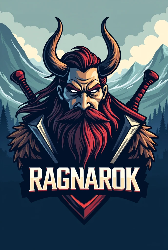 I want a logo in size 3:4 for my e-sport team, I want the background to have a Nordic landscape theme and in the center there will be an image of a Viking's head and in the bottom center there will be the name Ragnarok with a font that refers to antiquity and leaves the colors in a Nordic theme., To decorate the image, place 2 weapons used by Vikings behind the Viking.