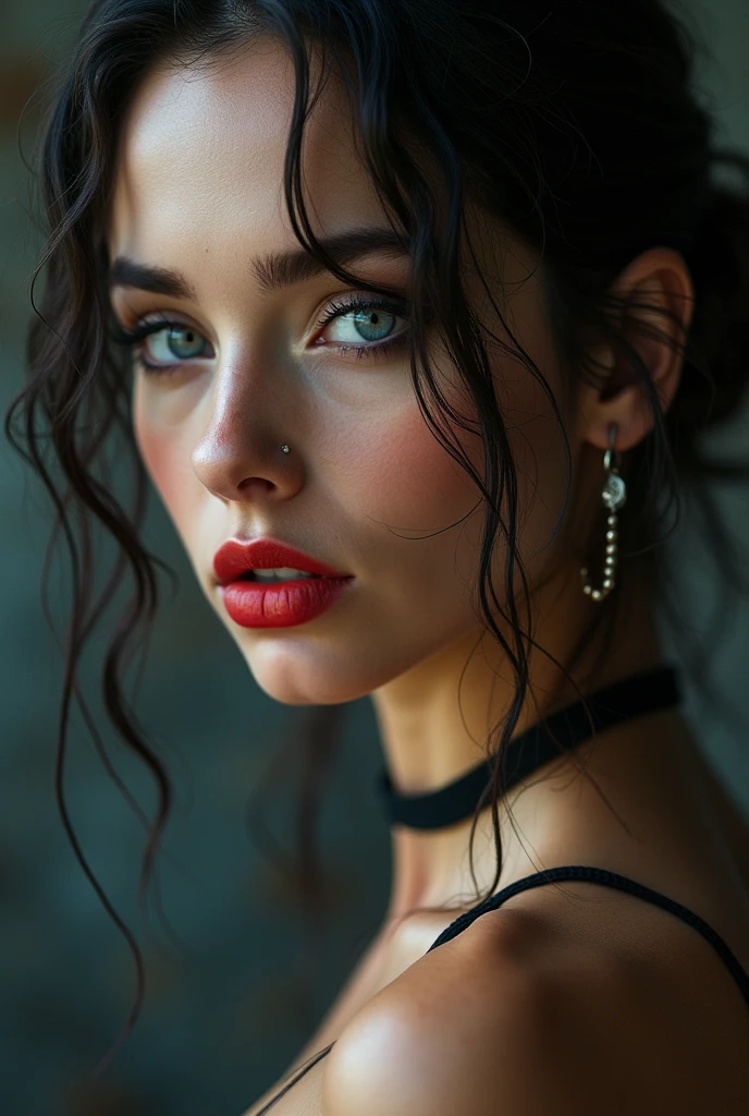 Realistic studio photo, high quality, cinematographic,  of beautiful cyborg woman, sexy, blue eyes, by rubio, big red lips, sexy black stockings, and sexy underwear.