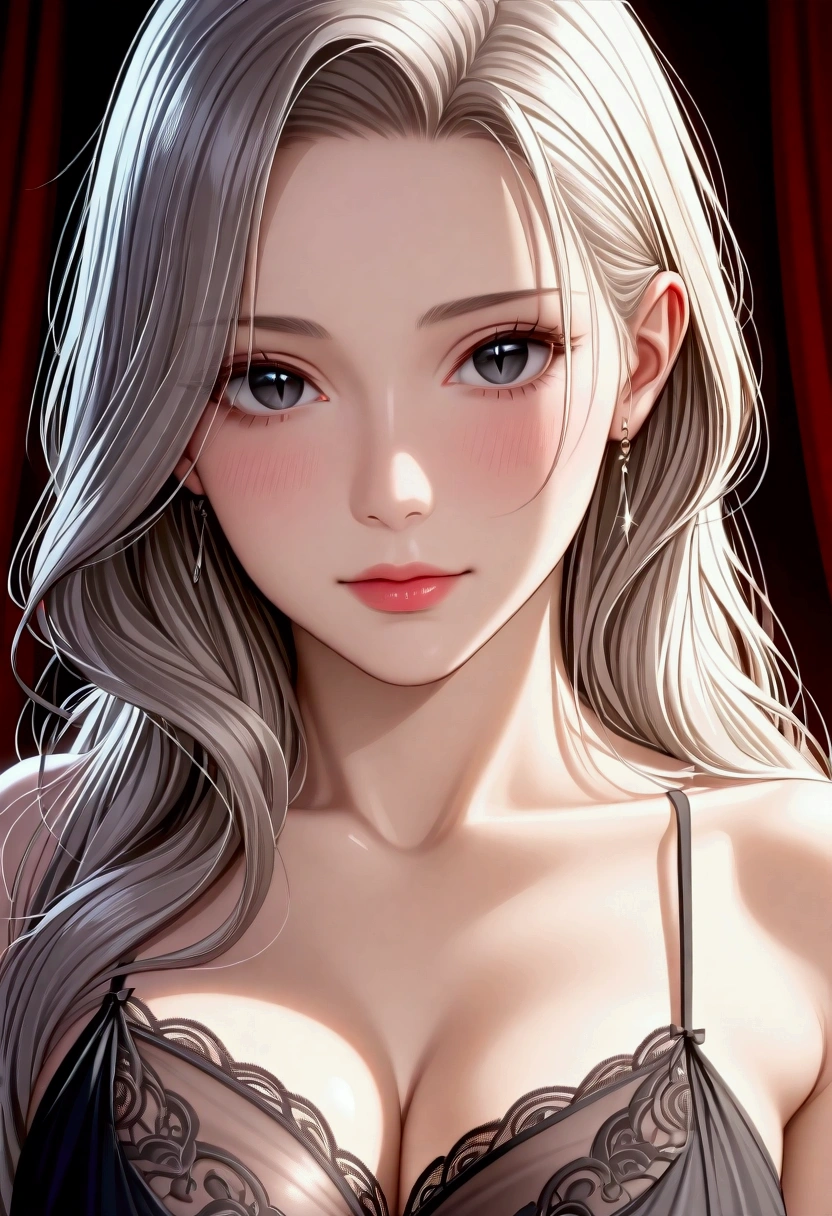 score_9, score_8_superior, score_7_superior, High-resolution CG illustration,A masterpiece in 32K resolution,Highest quality,it is really amazing,Very detailed,Ultra-high resolution,Ultra-realistic,Realistic,Increased depth of field,Cinematic lighting,
Elegant mature Japanese woman,
Shiny silver hair,Wavy long hair,Showing his forehead,god々Beautiful,Ultra-detailed and beautiful face,Sensual look,Beautiful dark brown, moist eyes,Pitch black eyes,Glowing, moisturized skin,Translucent white skin,born々New skin texture,Great proportions,
Elegant wine-red slit dress,spaghetti straps,Deep slit,Detailed and beautiful lace decorations,born地の柔らかな質感,
Black panties,
Black Stockings,
高層ビルの屋superior,Background of big city night scene,
Dramatic Angle,