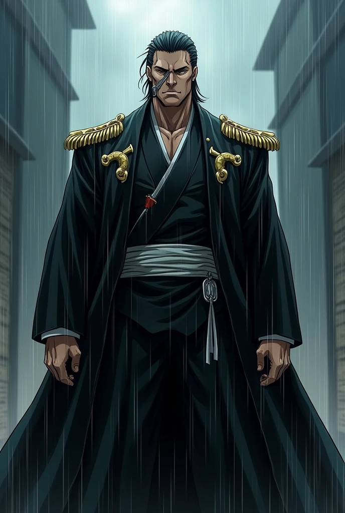 Create a male Captain from Bleach who is serious and has bigger body shape with dark hair and scar of blade on face in a rain, i want to see full body