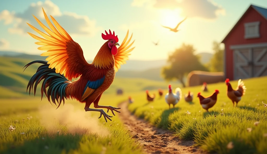 "Depict a real rooster on a sunny farm, surrounded by open fields and perhaps some hay bales. The rooster suddenly flaps its wings vigorously and manages to lift off the ground, flying for a few seconds. The camera follows the short flight as it hovers for no more than 15 seconds before landing back on the ground. The environment should feel natural and rustic, with details like a barn in the distance or chickens clucking nearby."