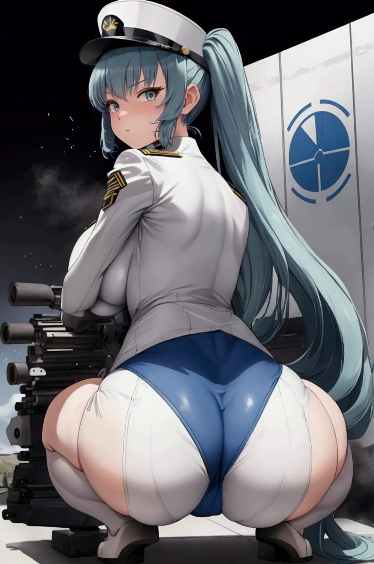 (privacy),(Light blue hair)、(Long twin tails)、(White tight military uniform),(White military cap)、(Nod),(True to prompts)、((look back))、((View your audience))、(Rear View)、(Glaring with sharp eyes)、(Super big breasts),(Super big ass)、((Squat))、(Spread the word your legs)、(((Hold a machine gun)))、(Spread the word your ass)、(Spread the word)、(Outdoor)、((battlefield))、((A large number of soldiers))、(sunny)、(blue sky)、(Best lighting)、{{{Browsing Caution}}}、{{{masterpiece}}}, {{{Highest quality}}}, {{ultra-detailed}}, {{shape}}, {{{Very delicate and beautiful}}},{{extremely detailed CG}}、{{unity 8k portrait}}、{{Fabric Shading}}、{{super detailed skin}}、{{Perfect Anatomy}}、{{detailed}}、{{Dynamic Lighting}}、{{{beautiful detailed eyes}}}、{{{beautiful detailed Face}}}、(Perfect Legs)、(Perfect breasts)、(Perfect pose)、(Perfect body)