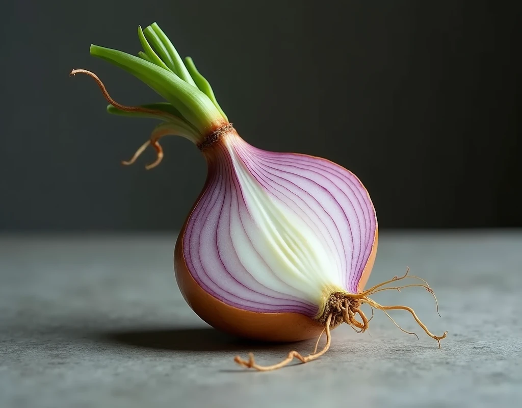 beautifully onion on a table,delicate stems with tender tips,crisp and fresh,artistic presentation,naturally vibrant colors,(best quality,4k,8k,highres,masterpiece:1.2),ultra-detailed,realistic:1.37,close-up details,textured, studio lighting,subtle shadows,aesthetic appeal,culinary inspiration,wholesome and healthy,