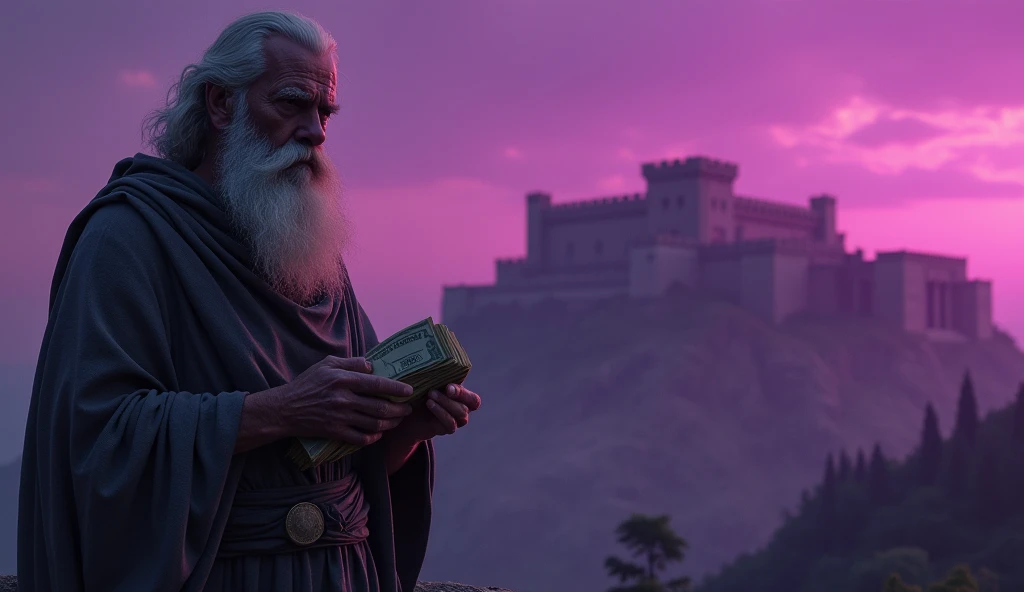Statue of a Greek philosopher, thinker, holding a bundle of money, facing a fortress. Maximum quality, 8k, realistic. Dark neutral background, purple neon.