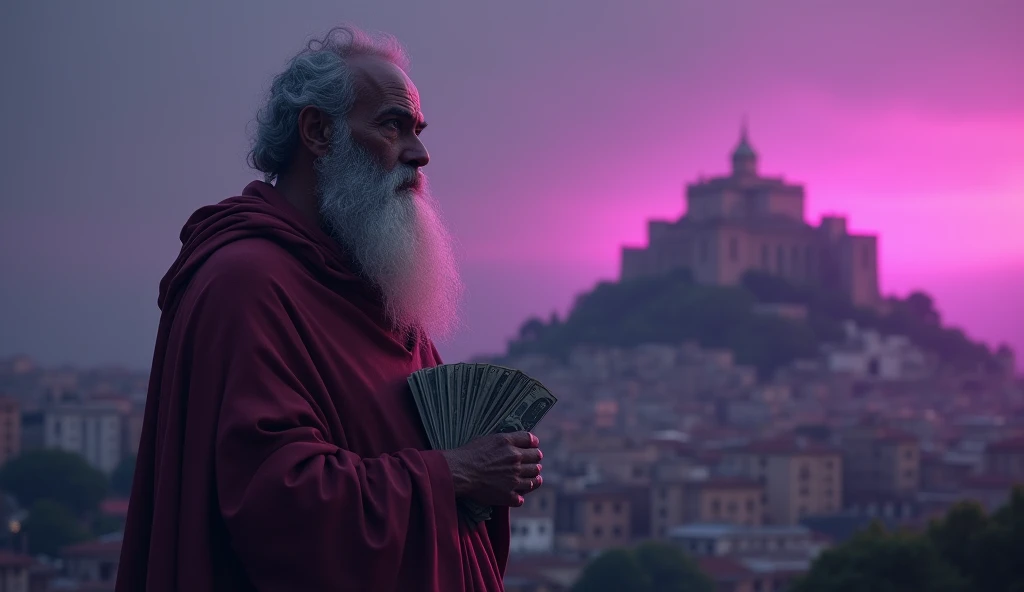 Statue of a Greek philosopher, thinker, holding a bundle of money, facing a fortress. Maximum quality, 8k, realistic. Dark neutral background, purple neon.