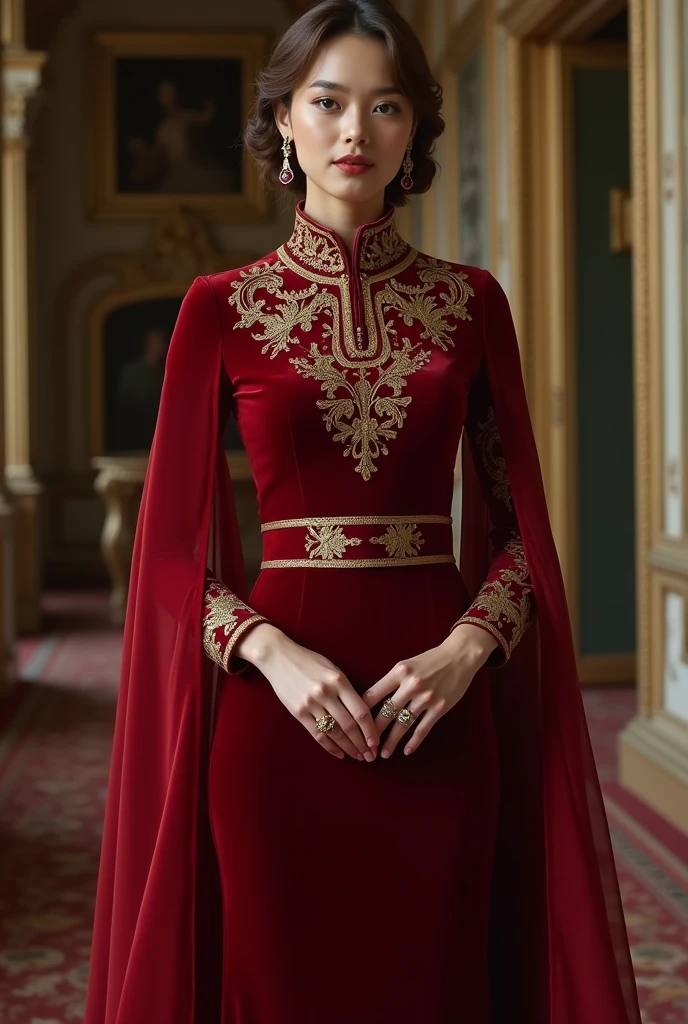 A long, fitted dress that emphasizes the figure but is not too tight. It has a simple but elegant design. It is meticulously tailored. The high collar is covered at the neck. It is decorated with gold embroidery around the collar. The sleeves are long and the cuffs are embroidered with detailed patterns. The dress is in a deep red color. The material is made of velvet or silk. The embroidery at the collar and cuffs is gold. The pattern of the shirt may be flames or flowers. There is a gold belt at the waist to emphasize the figure and add more prominence to the dress. This belt may be decorated with small gems or patterns that convey strength. The accessories are not too much but still luxurious, such as gold earrings decorated with dark red gems or rings with simple but elegant designs. High heels that match the dress, such as gold or dark red, with a simple and elegant design are suitable for walking in formal events. Add a shawl made of light, sheer fabric, such as red or gold chiffon, to complete the look and add elegance to events that require politeness and formality.