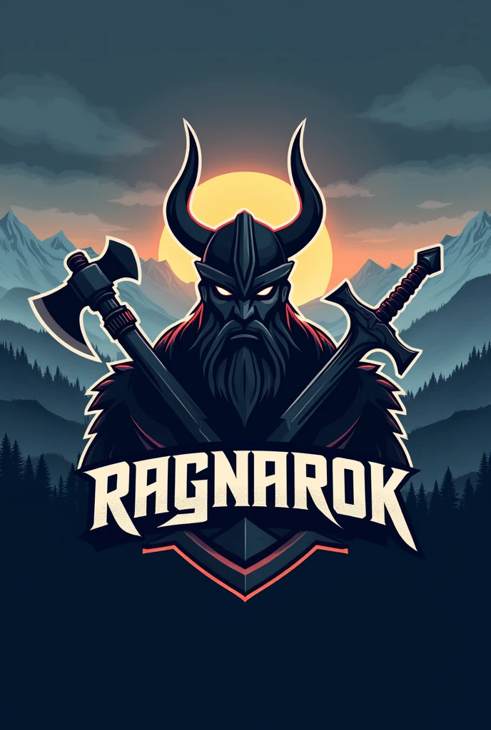 I want a logo in size 3:4 for my e-sport team, I want the background to have a Nordic landscape theme and have an image in the center/silhouette of a Viking's head and in the lower centered part has the name Ragnarok with a font that refers to antiquity and leaves the colors in a Nordic theme, To decorate the image, place 2 weapons used by Vikings behind the Viking.