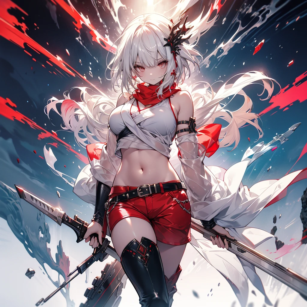 ・White hair wolf cut ・Red inner color ・Fantasy clothes ・Belly button,Her shoulders are bare and she is wearing a scarf.. - He wears hot pants and long boots.. - Fair skin - Silver pistol in right hand