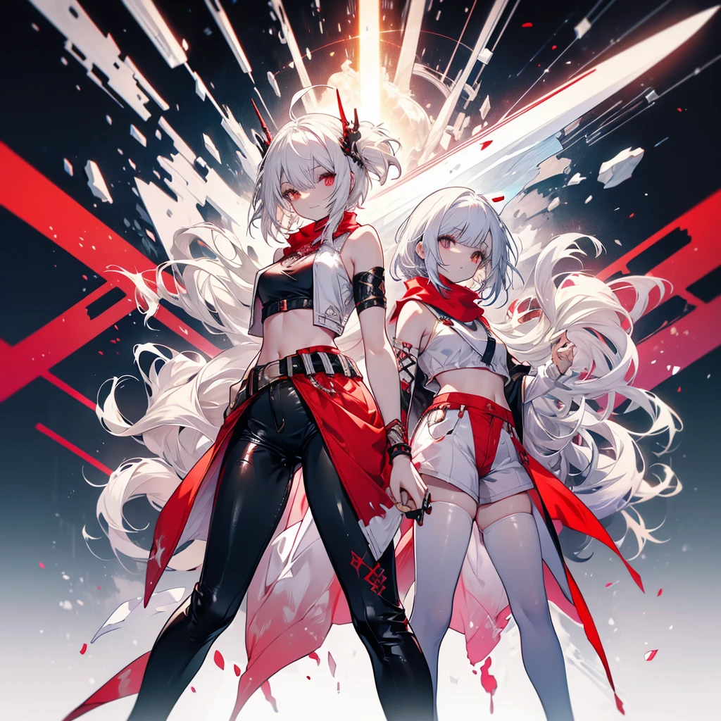  ・White hair wolf cut ・Red inner color ・Fantasy clothes ・Belly button，Her shoulders are bare and she is wearing a scarf.． - He wears hot pants and long boots.． - Fair skin - Silver pistol in right hand