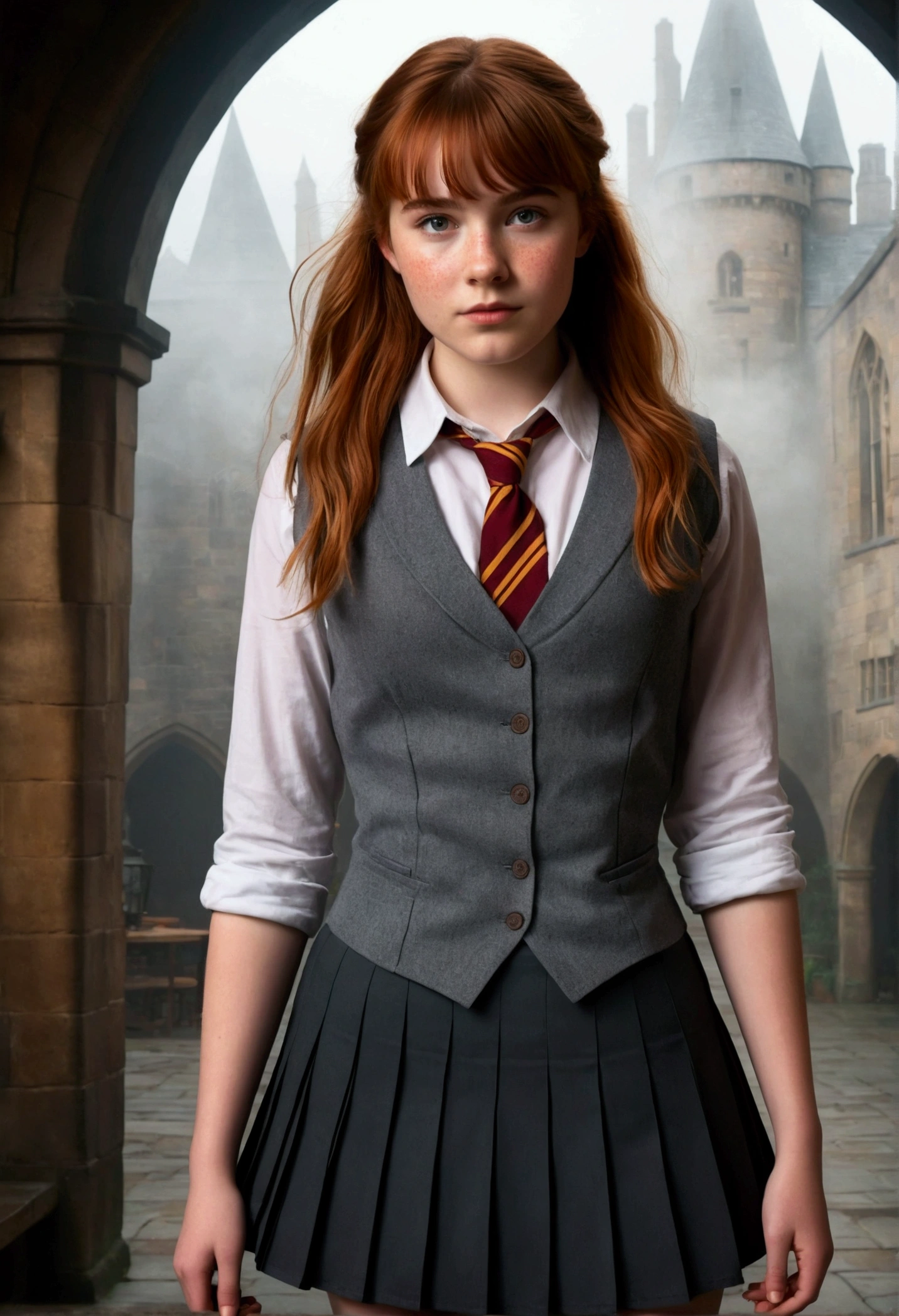An illustrated movie poster, hand-drawn, full color, a teenage Hogwarts student, 18-years-old, female, wearing a charcoal vest and a pleated skirt, athletic hourglass figure, busty bosoms, full wide hips, massive round butt, long shapely legs, ridiculously thick powerful thighs, vibrant eyes, red auburn hair, thick shaggy bangs, flushed sun-kissed complexion, freckles, resembles Willa Fitzgerald, standing in a foggy Hogwarts courtyard, surrounded by mist, graphite shading, stencil marks, airbrushed acrylic paint, masterpiece