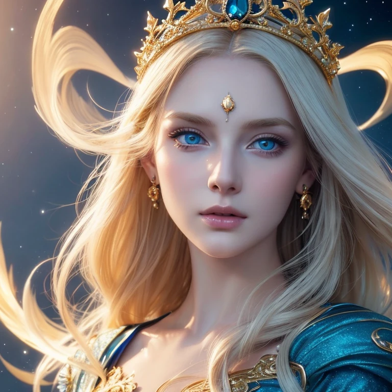 a beautiful woman with celestial features, flawless pale skin, piercing blue eyes, flowing golden hair, delicate facial features, ethereal expression, elegant pose, ornate celestial crown, glowing aura, dramatic lighting, fantasy landscape background, trending on artstation, 8k, high quality, hyper realistic, detailed, photorealistic