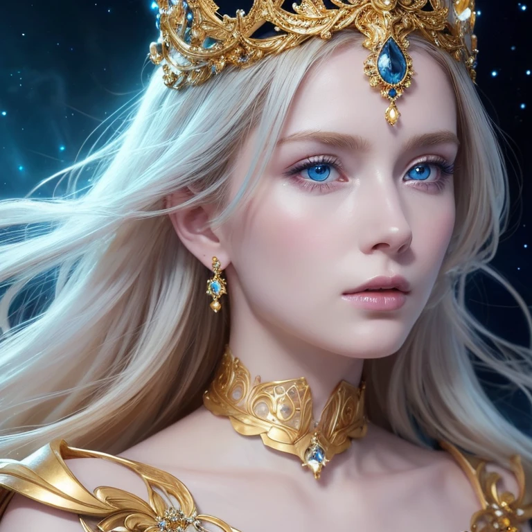 a beautiful woman with celestial features, flawless pale skin, piercing blue eyes, flowing golden hair, delicate facial features, ethereal expression, elegant pose, ornate celestial crown, glowing aura, dramatic lighting, fantasy landscape background, trending on artstation, 8k, high quality, hyper realistic, detailed, photorealistic