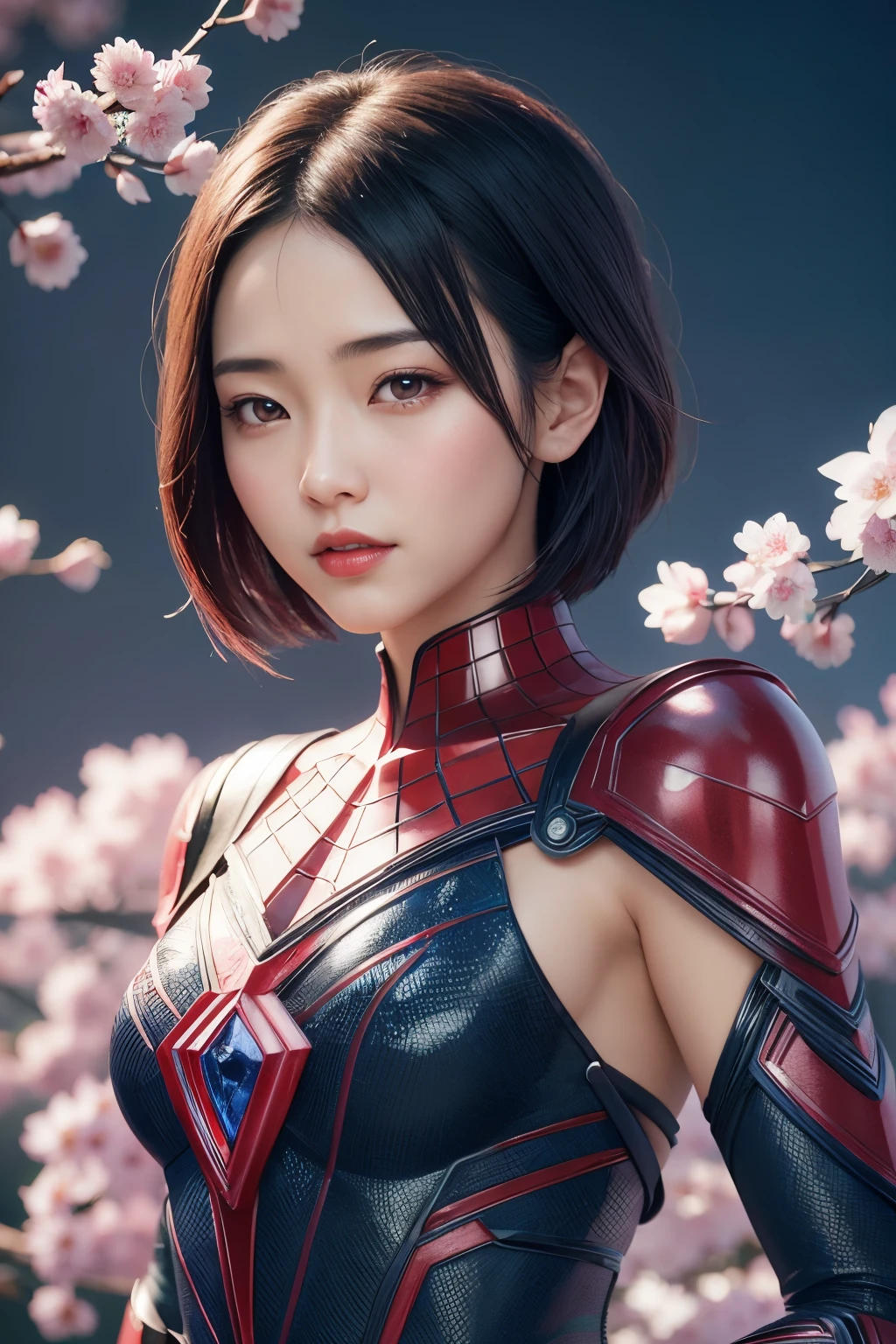 beautiful japanese young woman, wearing spiderman armor made of diamond and sapphire, thick symmetrical features, very short hair, background is cherry blossoms, pink aura, red lips, octane render,