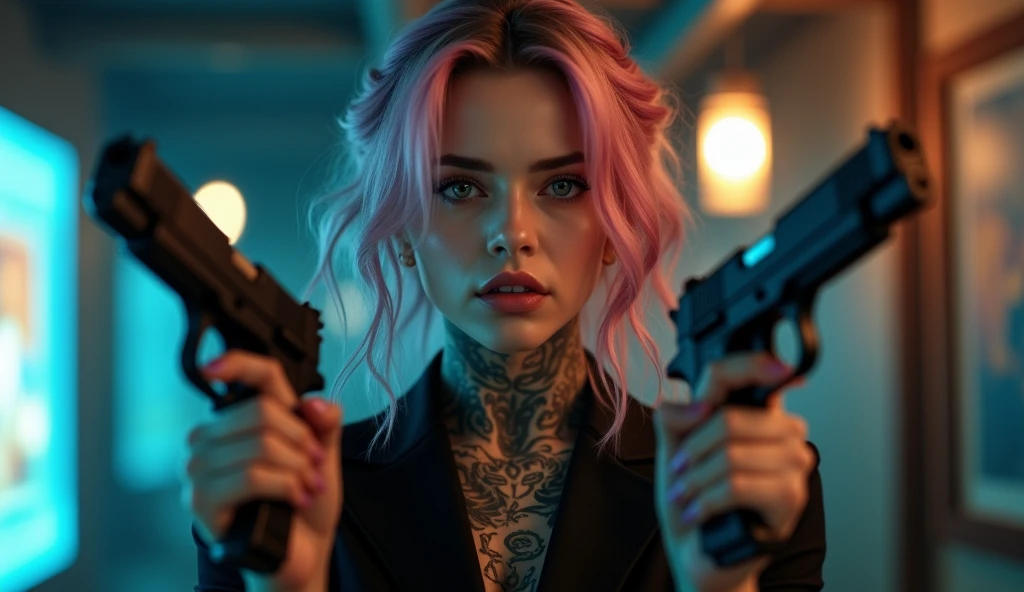 tatuados,Very beautiful big breasts、business suit、(Hold two Berettas in each hand)(Very large bust),(Many tattoos on both arms and neck)、 (Late Night in Seoul（South Korea） - A fusion of ancient palaces and modern cities）,Candlelight only,Very detailed, 18-year-old, A beautiful woman,Depressed face, Pink and silver hair,Wavy Hair, blue eyes, High resolution, masterpiece, Highest quality, Intricate details, Very detailed, Clear focus, Delicate skin, practical skin texture, texture, Delicate eyes, Professional, 8k, Sad face,despair、 Shot with Canon, 85mm, Shallow and deep, Kodak Vision Color, Exactly, Very detailed, photograph_\(Extremist\), photographpractical, practical, Post-processing, Maximum details, Roughness, Real Life, Extremist practical, Photorealism, photographgraphy, 8k ウルトラ HD, photographgraphy