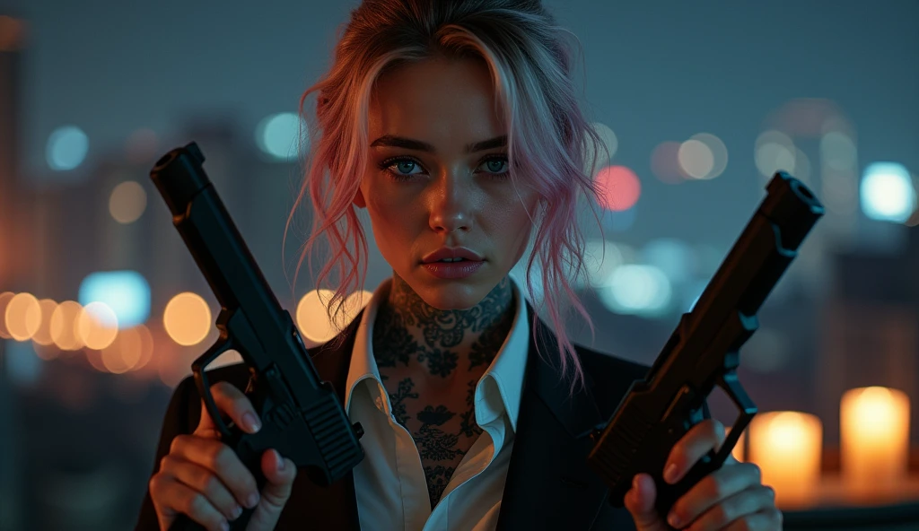 tatuados,Very beautiful big breasts、business suit、(Hold two Berettas in each hand)(Very large bust),(Many tattoos on both arms and neck)、 (Late Night in Seoul（South Korea） - A fusion of ancient palaces and modern cities）,Candlelight only,Very detailed, 18-year-old, A beautiful woman,Depressed face, Pink and silver hair,Wavy Hair, blue eyes, High resolution, masterpiece, Highest quality, Intricate details, Very detailed, Clear focus, Delicate skin, practical skin texture, texture, Delicate eyes, Professional, 8k, Sad face,despair、 Shot with Canon, 85mm, Shallow and deep, Kodak Vision Color, Exactly, Very detailed, photograph_\(Extremist\), photographpractical, practical, Post-processing, Maximum details, Roughness, Real Life, Extremist practical, Photorealism, photographgraphy, 8k ウルトラ HD, photographgraphy