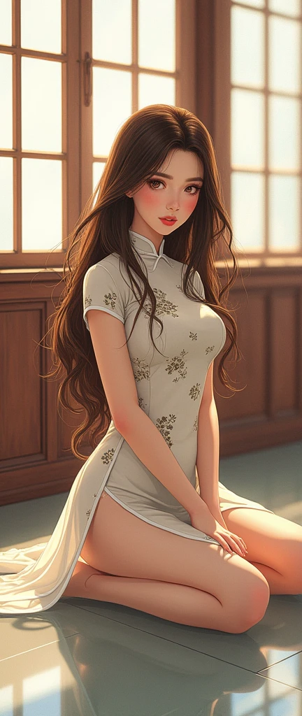 Illustration design, Exquisite character, Windows, surface, Brown hair, big eyes, Long cheongsam