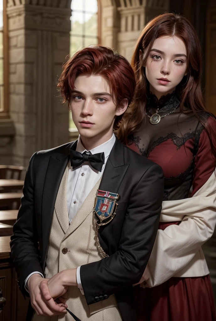 create an image of a young man with red hair, spacious wide angle, full body, wearing a medieval suit like a prince and a pocket watch, but the suit has a touch of modernity, being black with lace and transparent details, the background is of the interior of a castle
this man is a young athletic white adult with freckles, his eyes are green, his hair is straight and red of medium masculine length. His face is round and handsome, his eyes are shrewd and bright, his lips are medium and thick, he has an Italian nose, his cheekbones are well defined and soft, his skin is shiny.