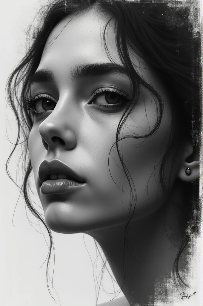 The face of a beautiful girl drawn with a few charcoal strokes 