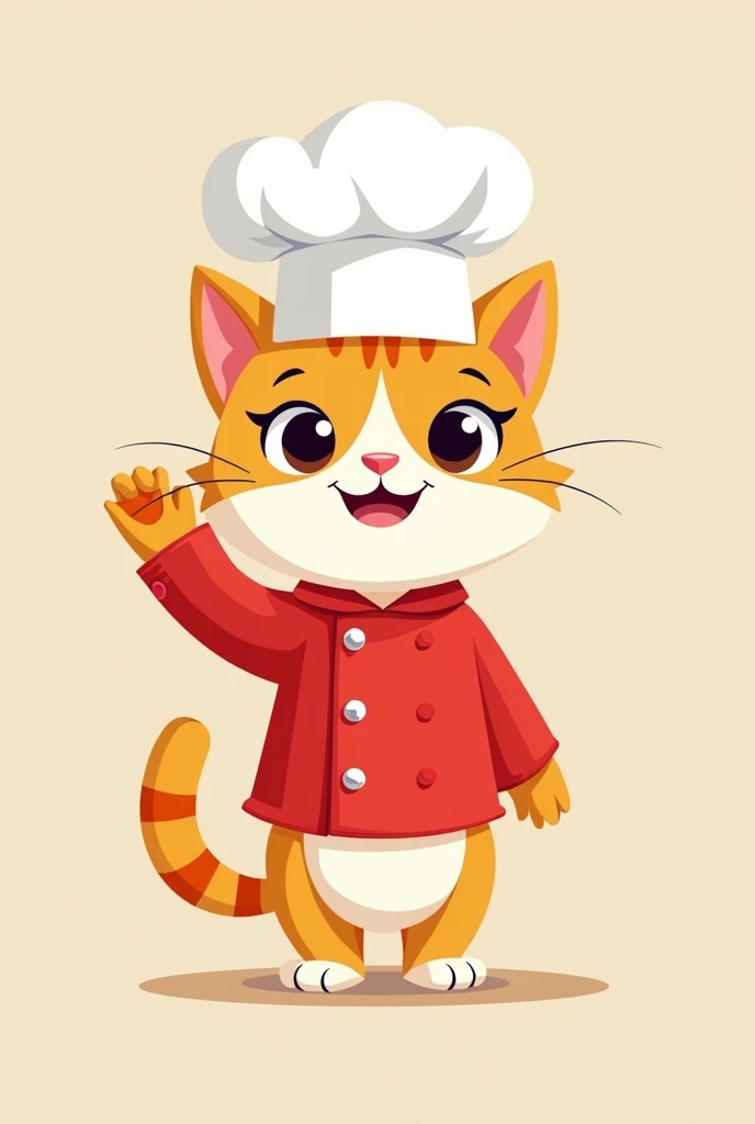 a cute smiling chef cat, full body, wearing a chef hat and red shirt, look at directly at the camera, paw rise, 2D flatdesign