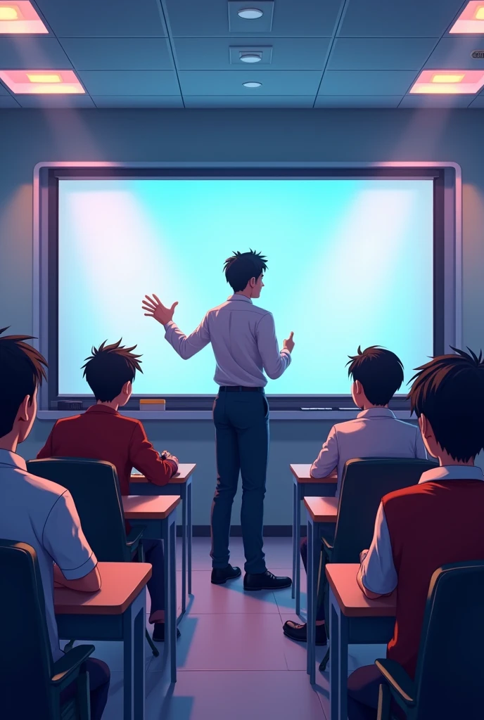 A class room of Bright School where A white board, A teacher Teaching With Smart board, There are 18 student and all are boys, This ic Class 9. One side of Corner the smart board Bright School logo