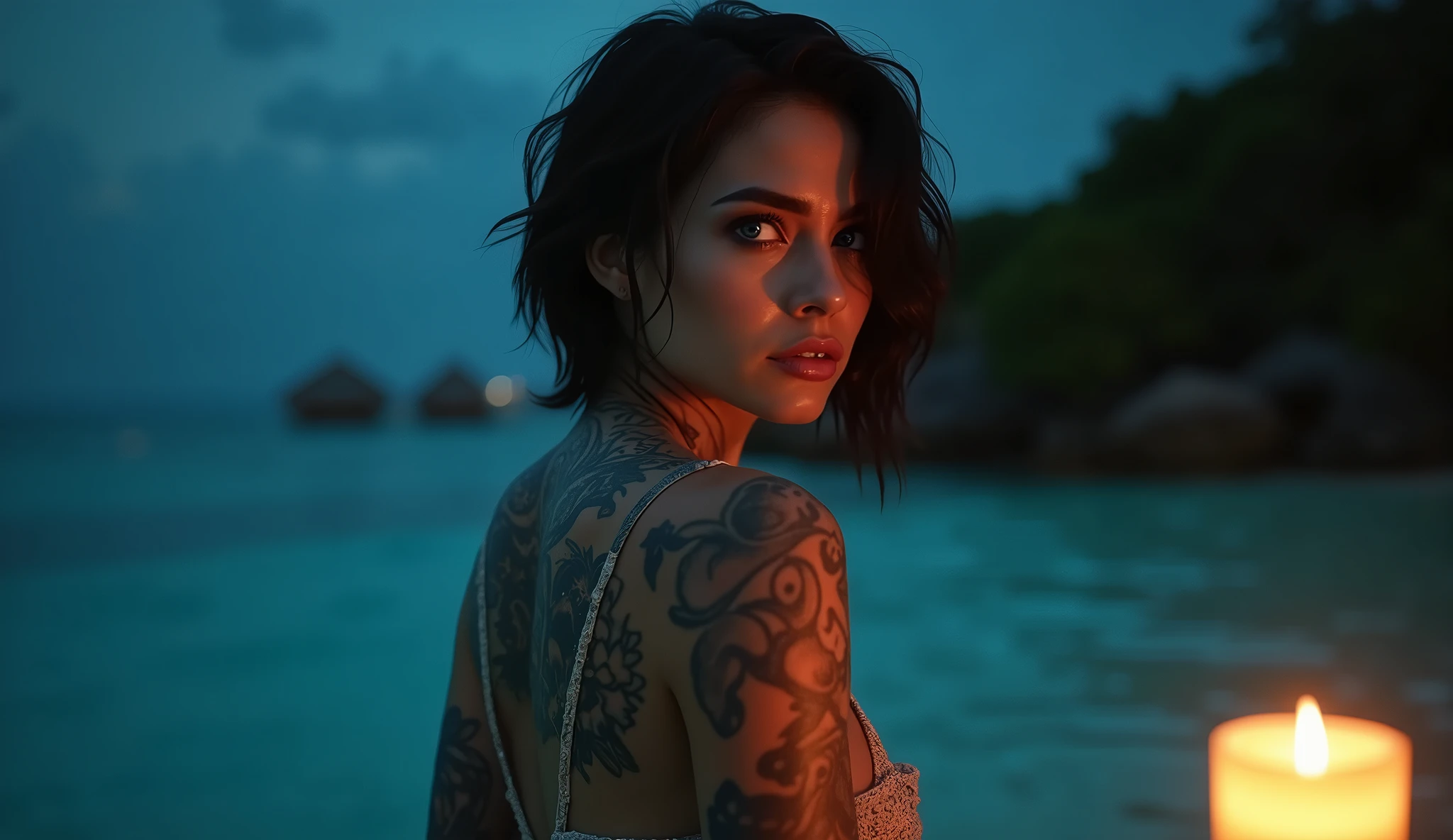 tatuados,Very beautiful big breasts、(dress)(H-Cup Bust),(Back tattoo、Many tattoos on both arms and neck)、 (Late night in Maafushi, Maldives - Beautiful coral reefs and crystal clear waters),Candlelight only,Very detailed, 2, A beautiful woman,Depressed face, Black Hair,short hair, blue eyes, High resolution, masterpiece, Highest quality, Intricate details, Very detailed, Clear focus, Delicate skin, practical skin texture, texture, Delicate eyes, Professional, 8k, Sad face,despair、 Shot with Canon, 85mm, Shallow and deep, Kodak Vision Color, Exactly, Very detailed, photograph_\(Extremist\), photographpractical, practical, Post-processing, Maximum details, Roughness, Real Life, Extremist practical, Photorealism, photographgraphy, 8k ウルトラ HD, photographgraphy