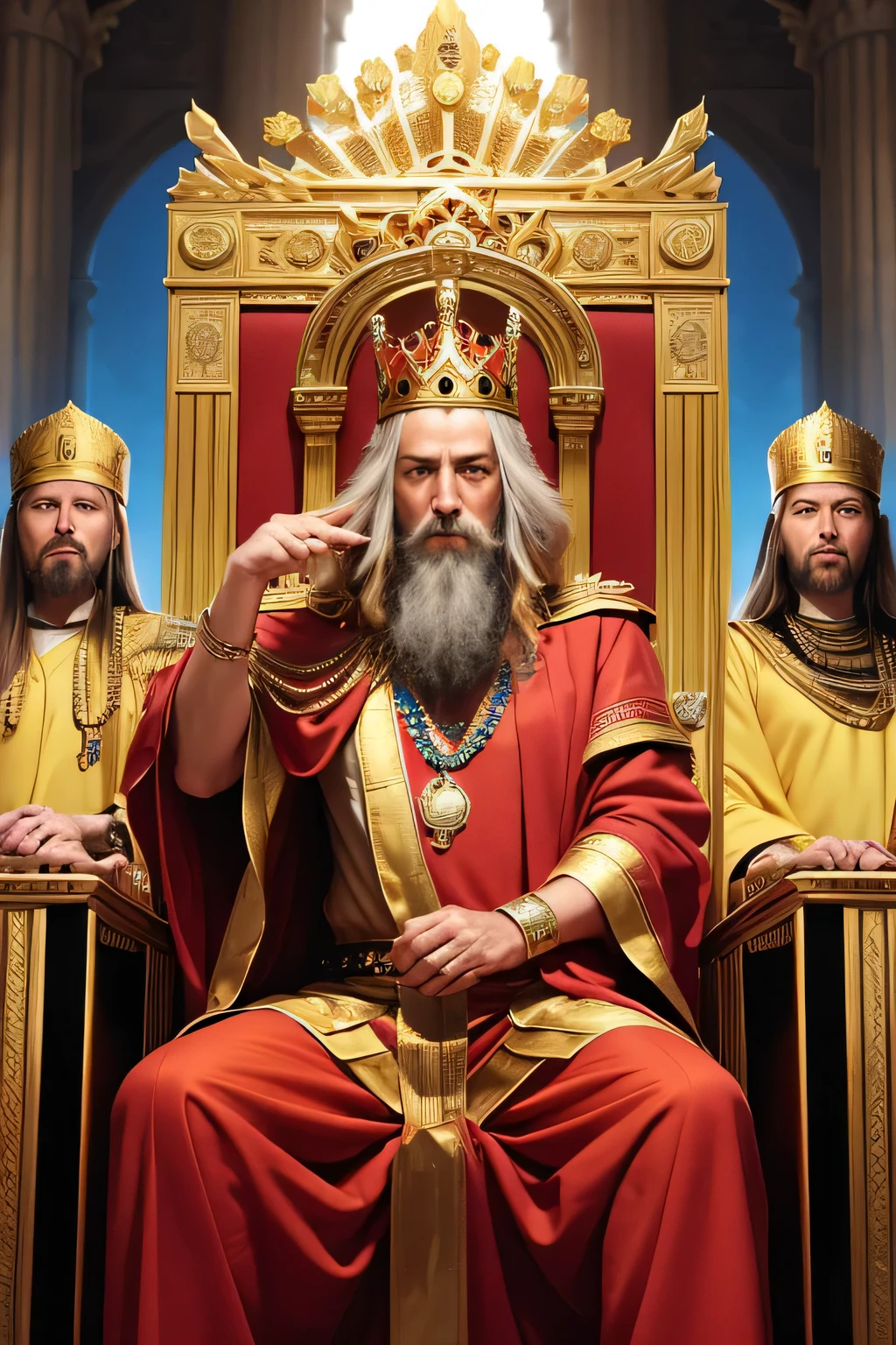 CREATE AN IMAGE OF KING SOLOMON SITTING ON HIS THRONE WITH HIS GUARDS AT THE TIME