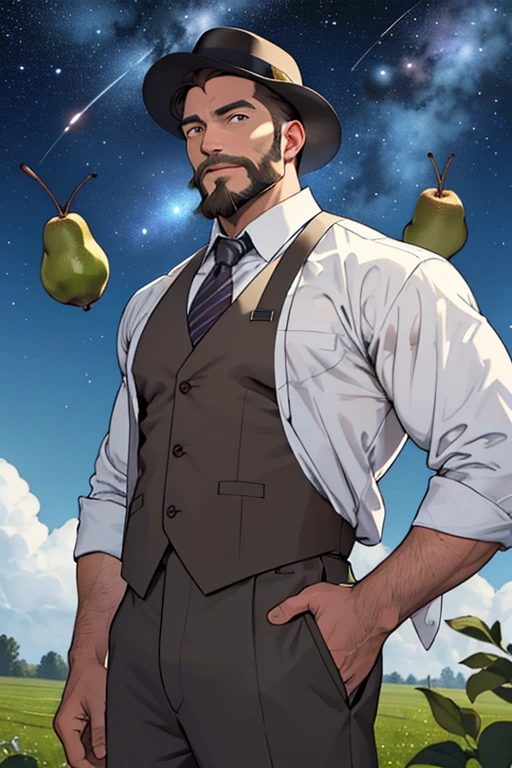 Drawing a 40 year old man, Residents growing pears. He uses AI to be a pear farmer, Several asteroids emitting fiery white auras float in the blue sky. Dramatic light from distant stars and planets illuminates the scene, Casts a deep shadow on work clothes. The man appears confident and determined., Gaze with wonder and reverence upon the vast and mysterious realm,Gentlemanly appearance, He has a well-groomed beard.,Farm work clothes with an illustration of a pear,Slim and muscular,