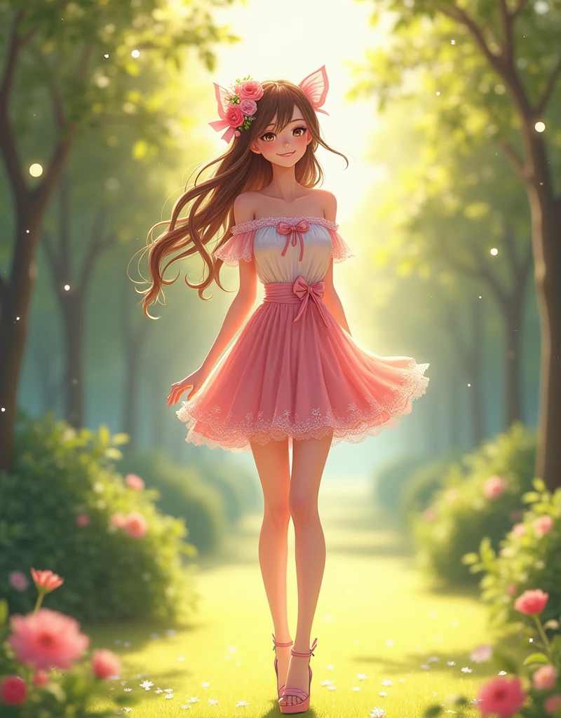 Ultra high quality,High heel,Long legs,Smile,Sunlight,Lace off-the-shoulder,Pink skirt,Wear flowers on your head,student,charming,Ribbon