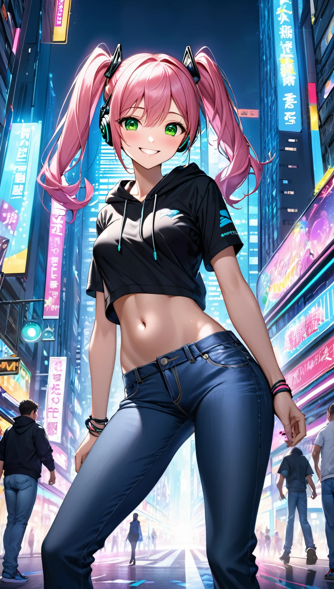 masterpiece, 1girl ((20year old, Black short sleeve hoodie exposes navel, tight blue jeans, medium breasts, multicolor pink hair, twin ponytails, green eyes, flirting, happy, big smile, headphones, standing in a street at night, neon lights and towering skyscrapers, futuristic and energetic atmosphere))