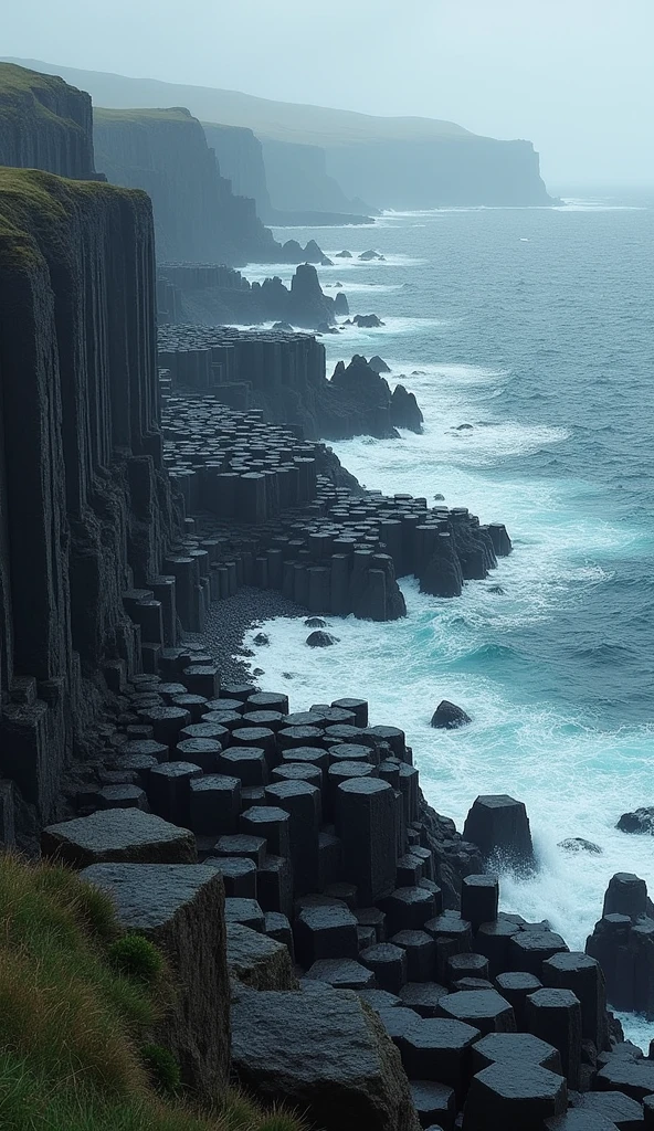  "An otherworldly view of the Giant's Causeway in Northern Ireland. Thousands of hexagonal basalt columns stretch out towards the ocean, with waves crashing dramatically against the unique formations."