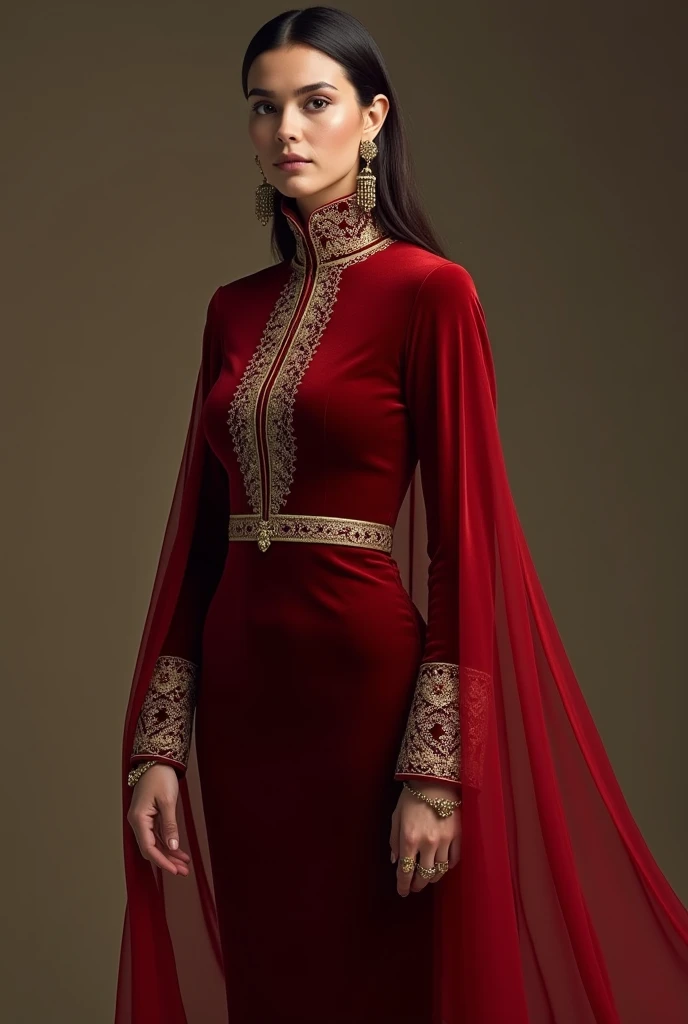 A long, fitted dress that emphasizes the figure but is not too tight. It has a simple but elegant design. It is meticulously tailored. The high collar is covered at the neck. It is decorated with gold embroidery around the collar. The sleeves are long and the cuffs are embroidered with detailed patterns. The dress is in a deep red color. The material is made of velvet or silk. The embroidery at the collar and cuffs is gold. The pattern of the shirt may be flames or flowers. There is a gold belt at the waist to emphasize the figure and add more prominence to the dress. This belt may be decorated with small gems or patterns that convey strength. The accessories are not too much but still luxurious, such as gold earrings decorated with dark red gems or rings with simple but elegant designs. High heels that match the dress, such as gold or dark red, with a simple and elegant design are suitable for walking in formal events. Add a shawl made of light, sheer fabric, such as red or gold chiffon, to complete the look and add elegance to events that require politeness and formality.
