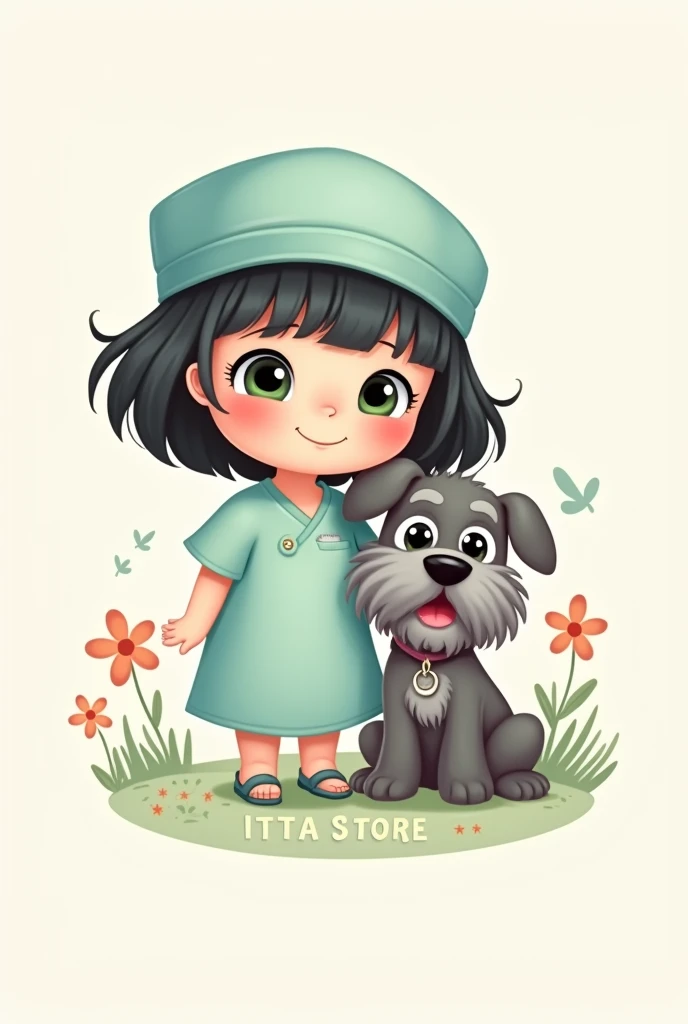 Logo for the surgical cap company called Titta Store, which has as its avatar a chubby girl with green eyes and black hair and as a pet a schnauzer dog called Nala