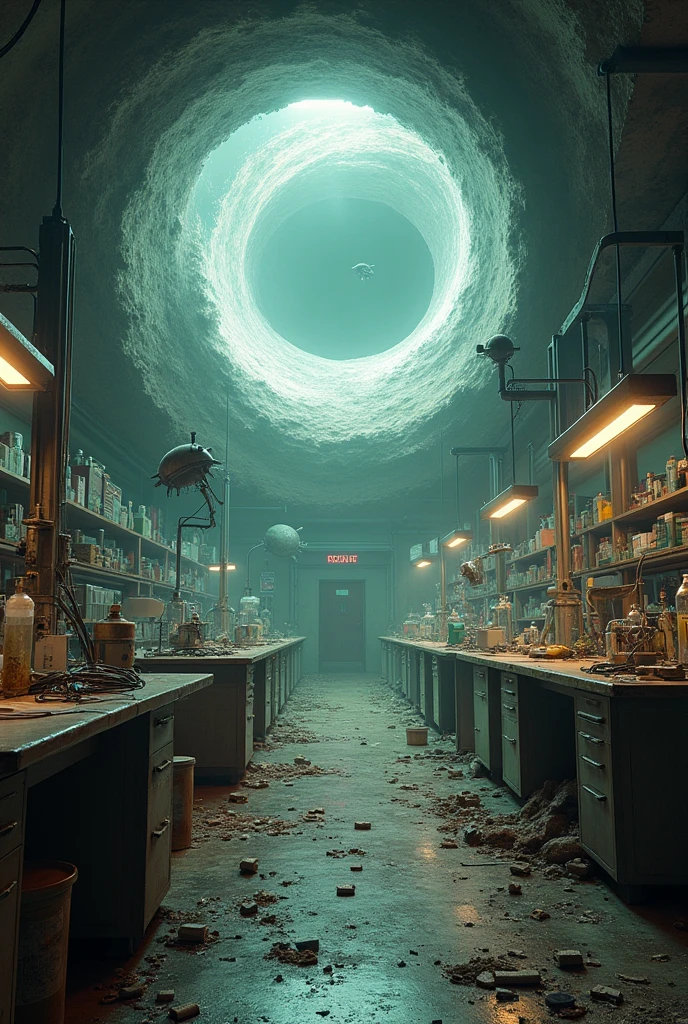Distoyed science laboratory with a wormhole that attracts all objects into it. Dissolving the space