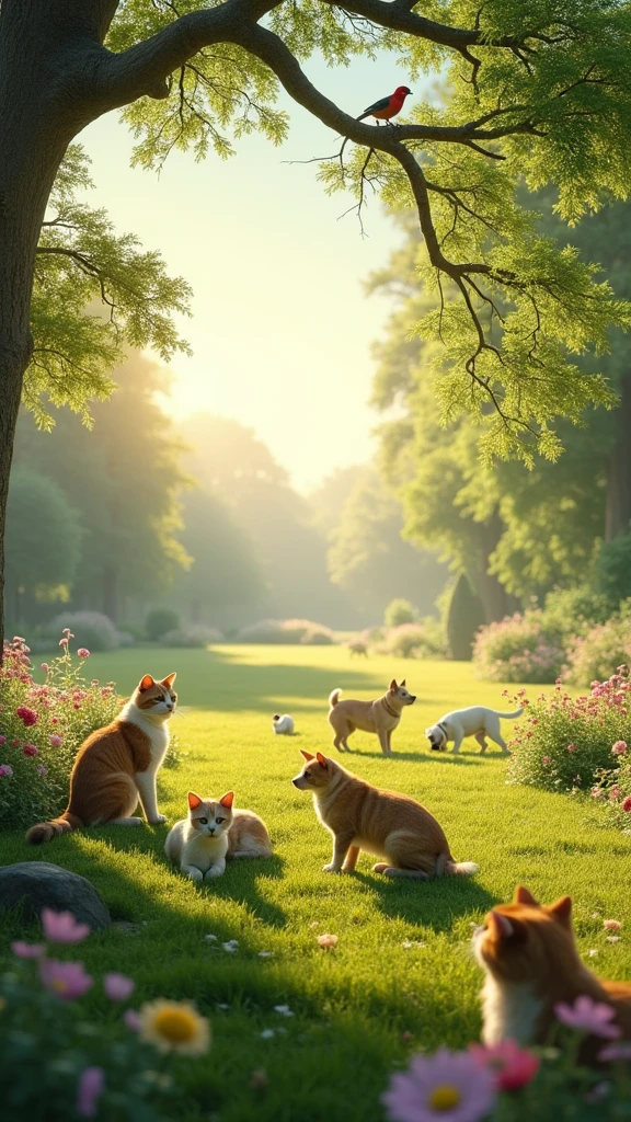 large-scale outdoor scene designed for a 9ft by 6ft wall display at an animal clinic reception. The scene captures a group of (((ultra-realistic))) and (((highly detailed))) cats, dogs, green park during a serene morning. The animals interact naturally—cats basking in the gentle morning sunlight, dogs joyfully playing together, and birds perched gracefully on tree branches. The lighting perfectly captures the soft, golden hues of dawn, with every feature of the animals—eyes, ears, noses, fur, feathers, and limbs—rendered with absolute precision and lifelike accuracy. The background is filled with vibrant flowers, tall trees, and a clear blue sky, creating a peaceful, welcoming atmosphere. The image is sharp, hyper-realistic, and produced in ultra-high-definition quality, ensuring every detail stands out on the large wall display., UHD, masterpiece, accurate, anatomically correct, super detail, high details, high quality, award winning, best quality, highres, 1080P, HD